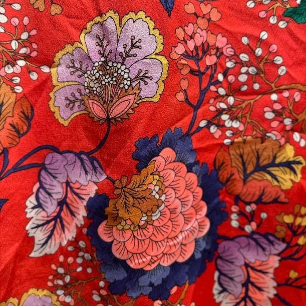 Express Red Oriental Blossoms Choker Cap-sleeve Silky Blouse XXS TTP Light - Picture 6 of 16